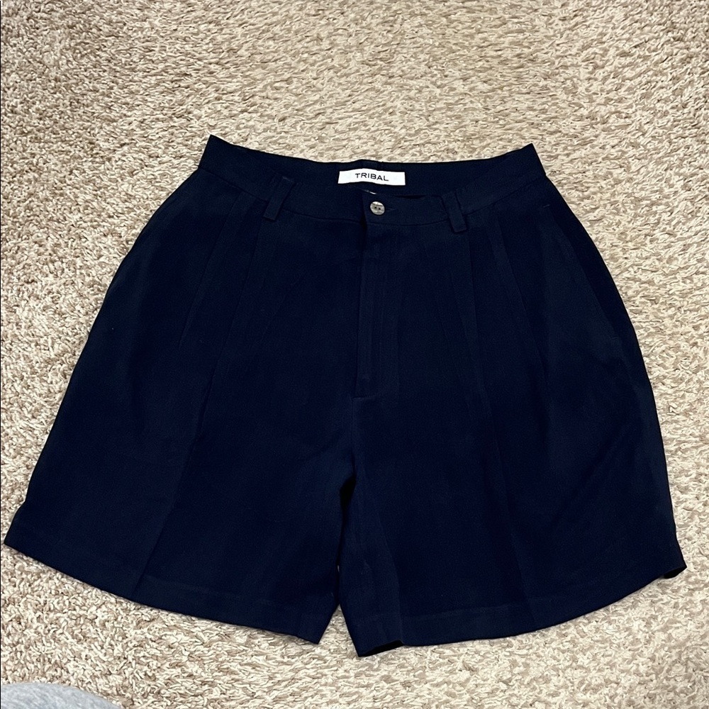 Tribal Midnight Navy Blue Pleated High Rise 100% Silk Shorts - Size 8